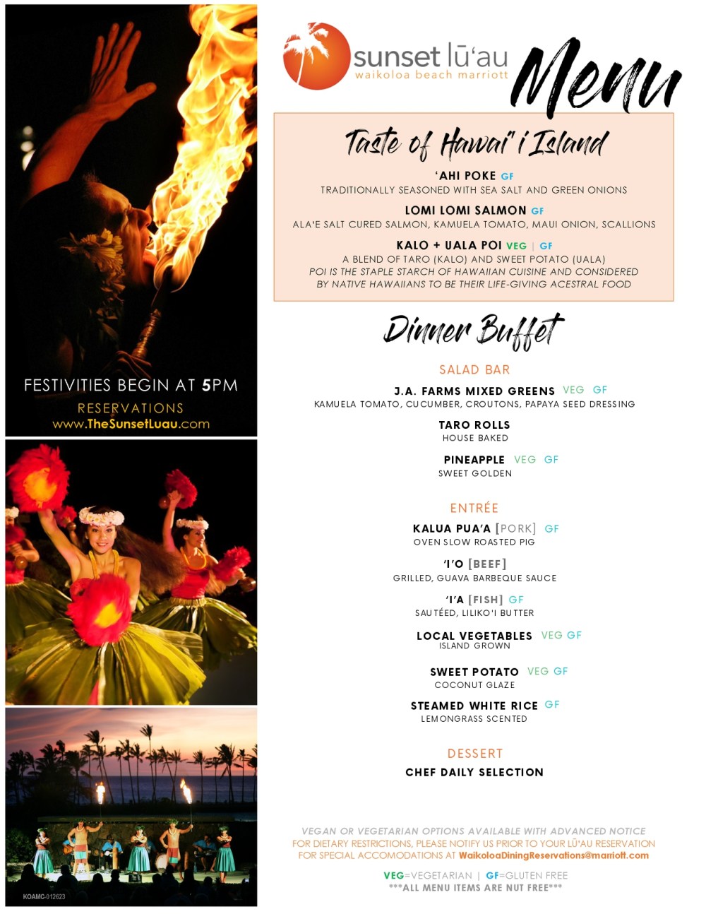 Menu for Sunset Luau featuring Hawaiian dishes and images of dancers.