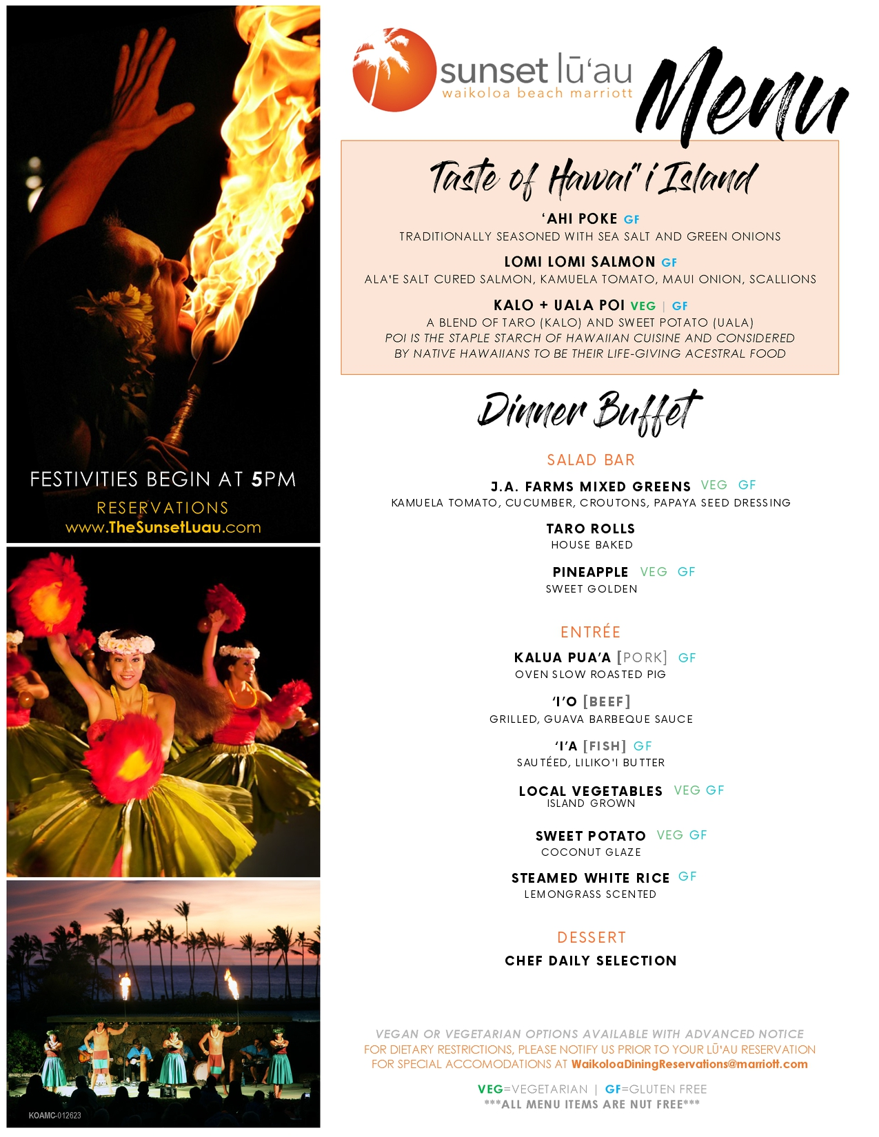 Menu for Sunset Luau featuring Hawaiian dishes and images of dancers.