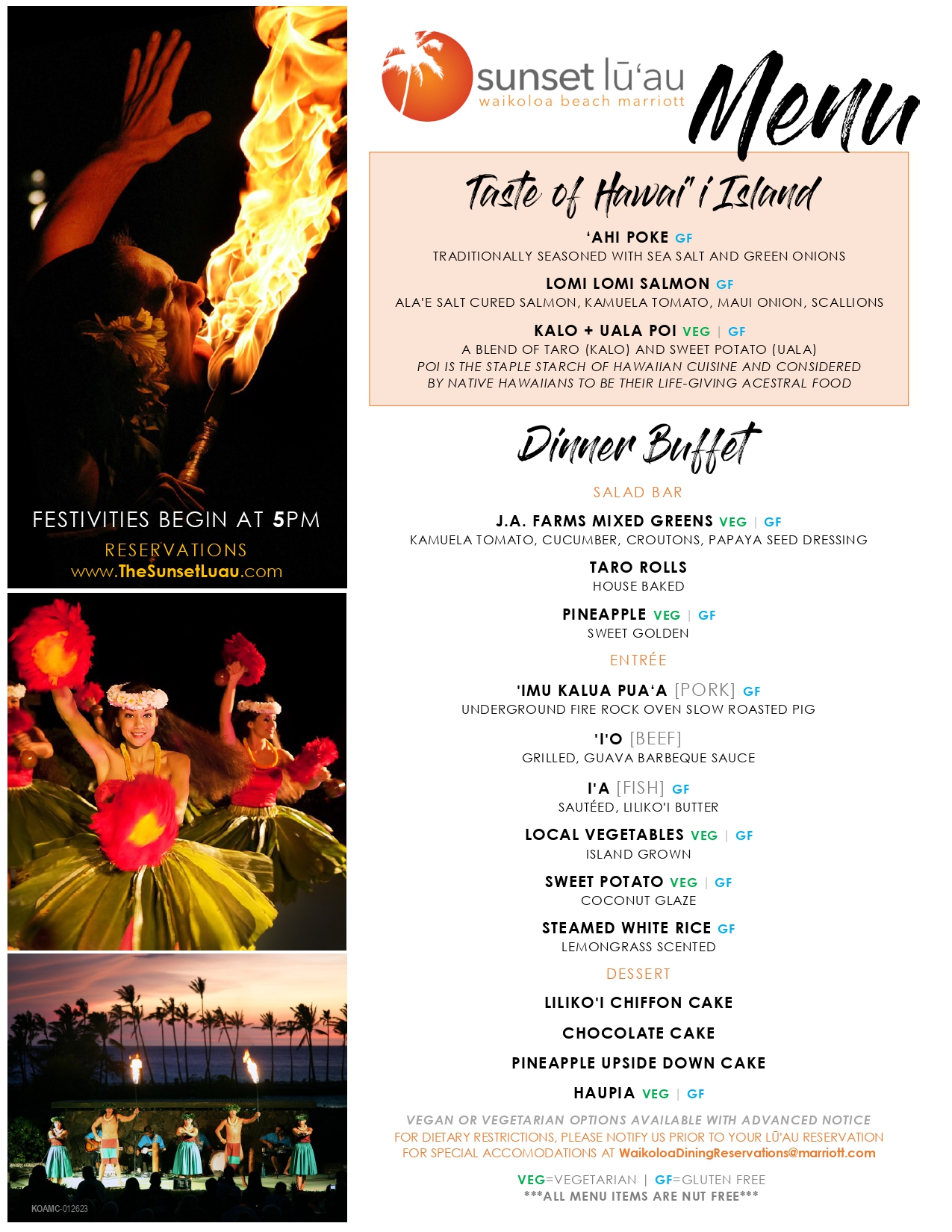 Luau menu with Hawaiian dishes, dancers, and tropical theme.